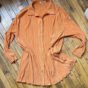 Plisse Orange Button-Up Dress/Shirt